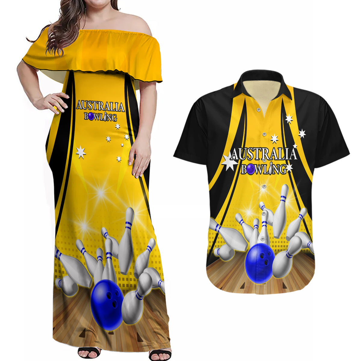 Australia Bowling Couples Matching Off Shoulder Maxi Dress and Hawaiian Shirt I Am A Bowling Pin Curve Style