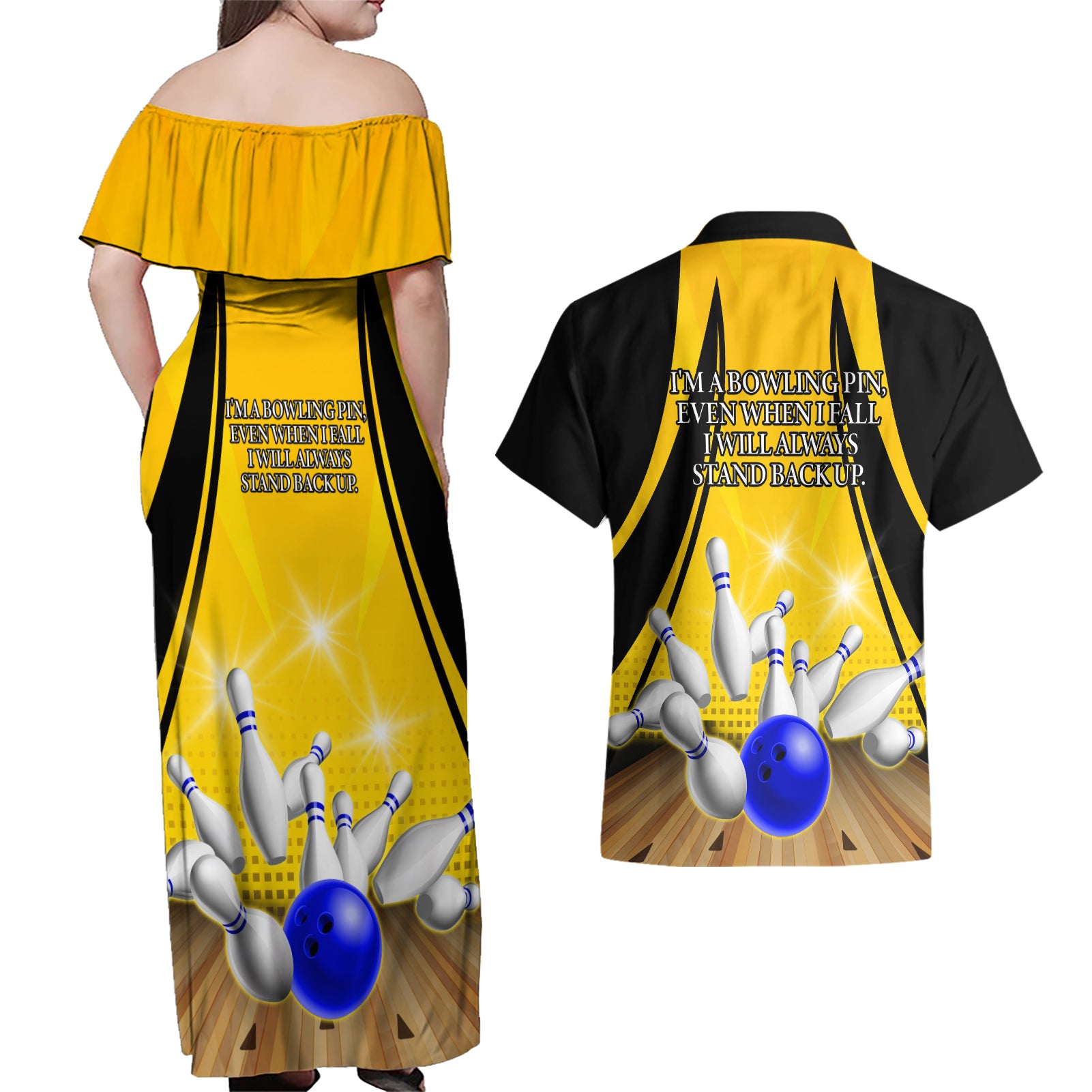 Australia Bowling Couples Matching Off Shoulder Maxi Dress and Hawaiian Shirt I Am A Bowling Pin Curve Style