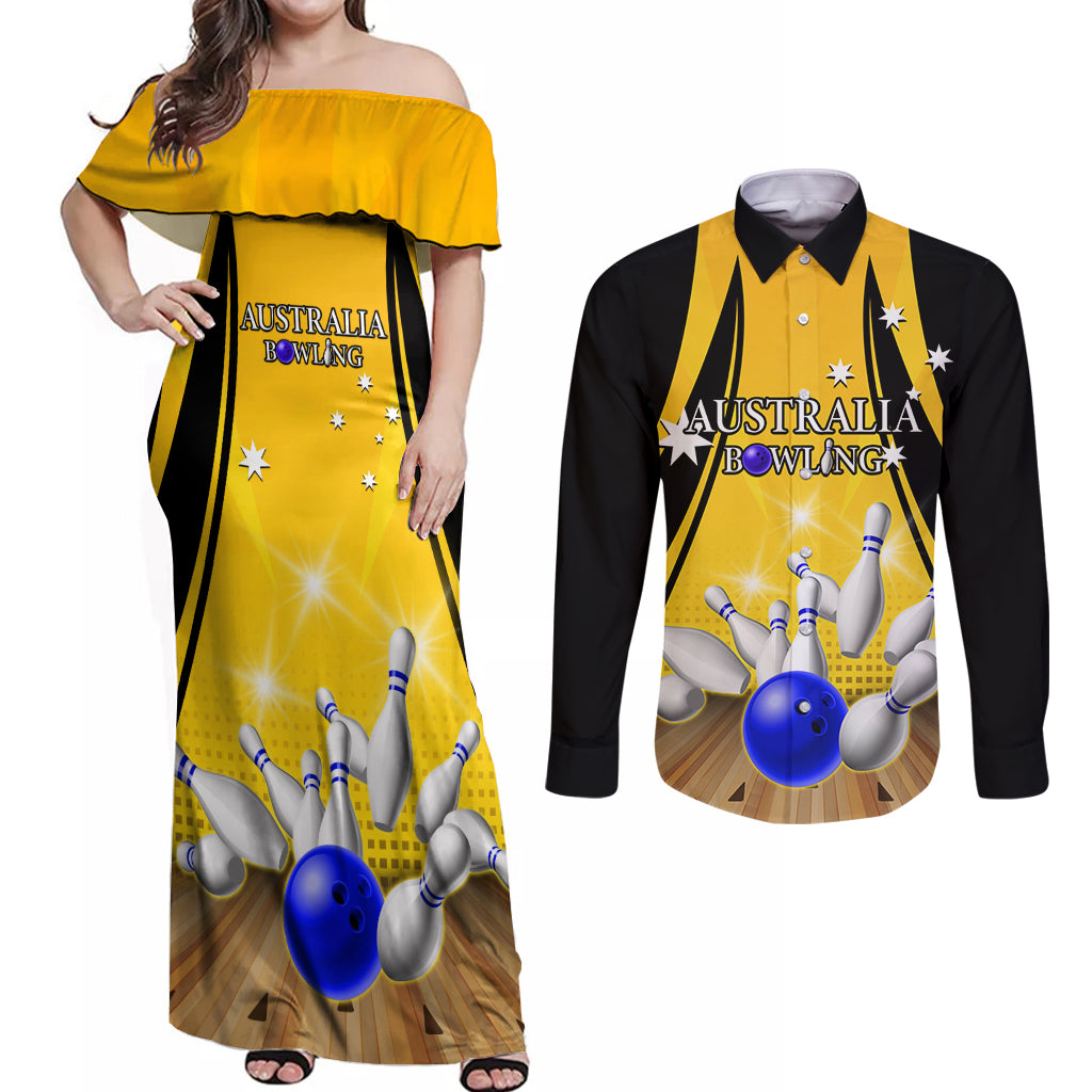 Australia Bowling Couples Matching Off Shoulder Maxi Dress and Long Sleeve Button Shirt I Am A Bowling Pin Curve Style