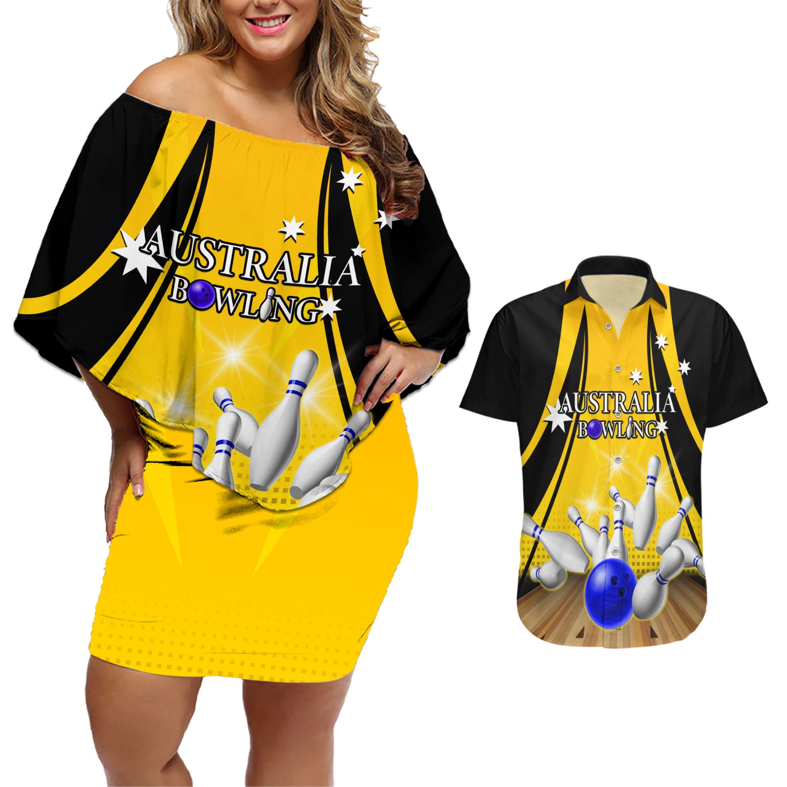 Australia Bowling Couples Matching Off Shoulder Short Dress and Hawaiian Shirt I Am A Bowling Pin Curve Style