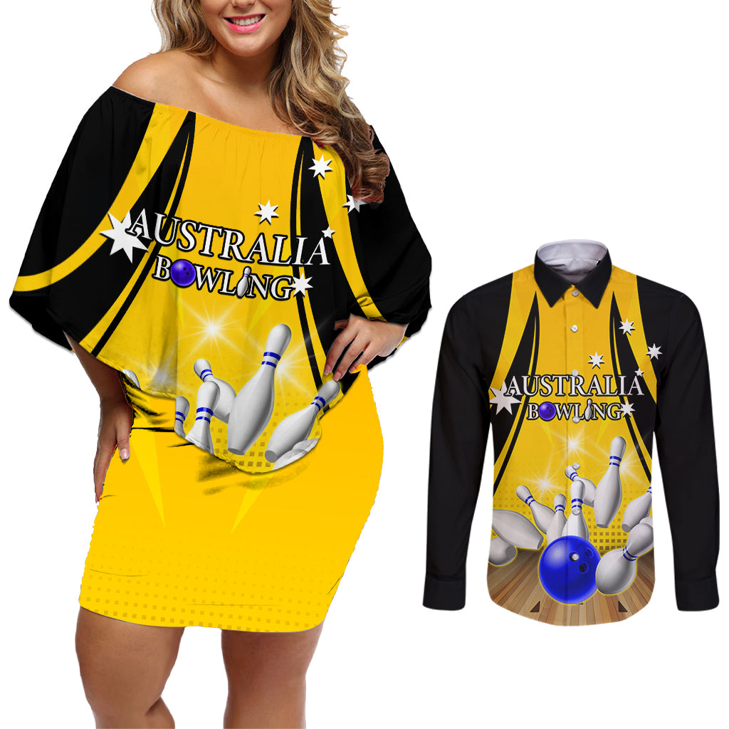 Australia Bowling Couples Matching Off Shoulder Short Dress and Long Sleeve Button Shirt I Am A Bowling Pin Curve Style