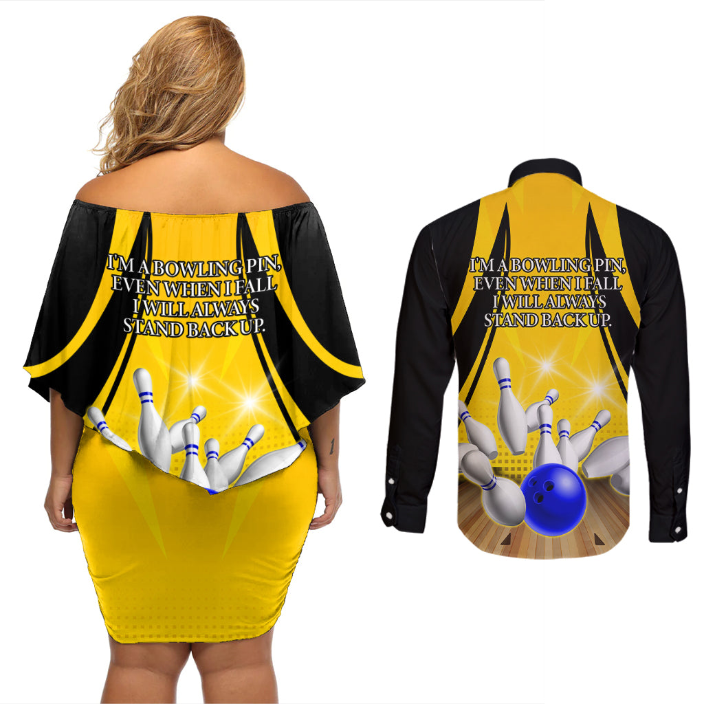 Australia Bowling Couples Matching Off Shoulder Short Dress and Long Sleeve Button Shirt I Am A Bowling Pin Curve Style