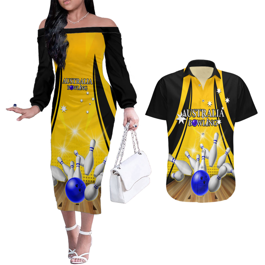 Australia Bowling Couples Matching Off The Shoulder Long Sleeve Dress and Hawaiian Shirt I Am A Bowling Pin Curve Style