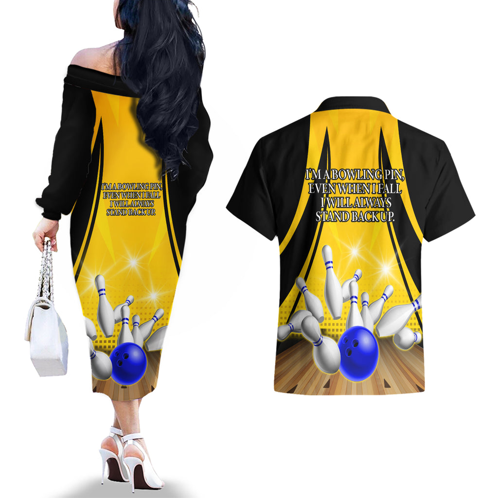 Australia Bowling Couples Matching Off The Shoulder Long Sleeve Dress and Hawaiian Shirt I Am A Bowling Pin Curve Style