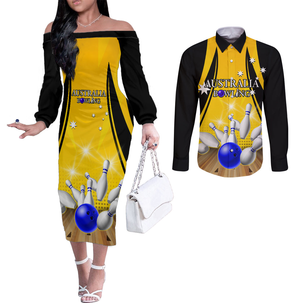 Australia Bowling Couples Matching Off The Shoulder Long Sleeve Dress and Long Sleeve Button Shirt I Am A Bowling Pin Curve Style