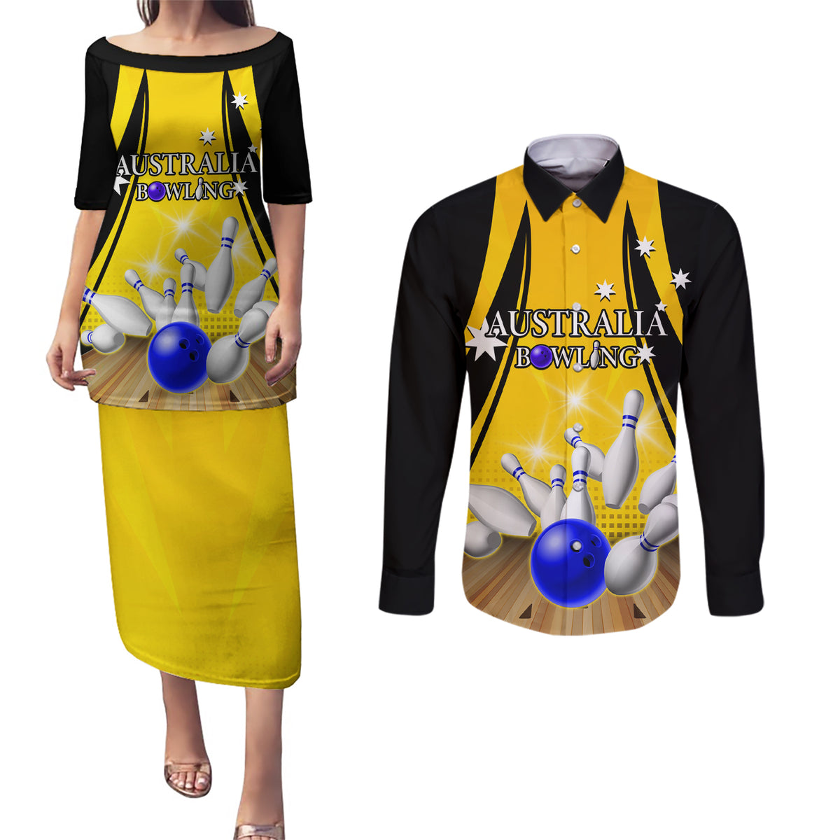 Australia Bowling Couples Matching Puletasi and Long Sleeve Button Shirt I Am A Bowling Pin Curve Style