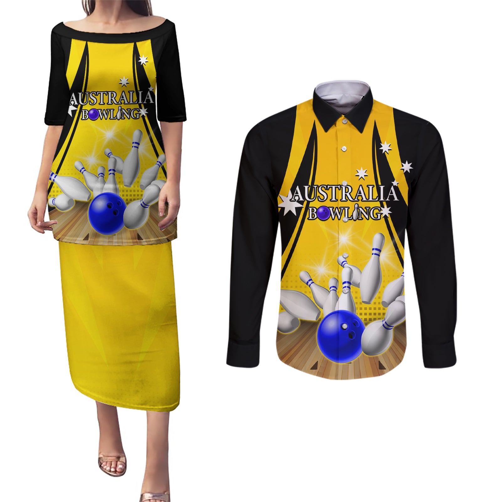 Australia Bowling Couples Matching Puletasi and Long Sleeve Button Shirt I Am A Bowling Pin Curve Style