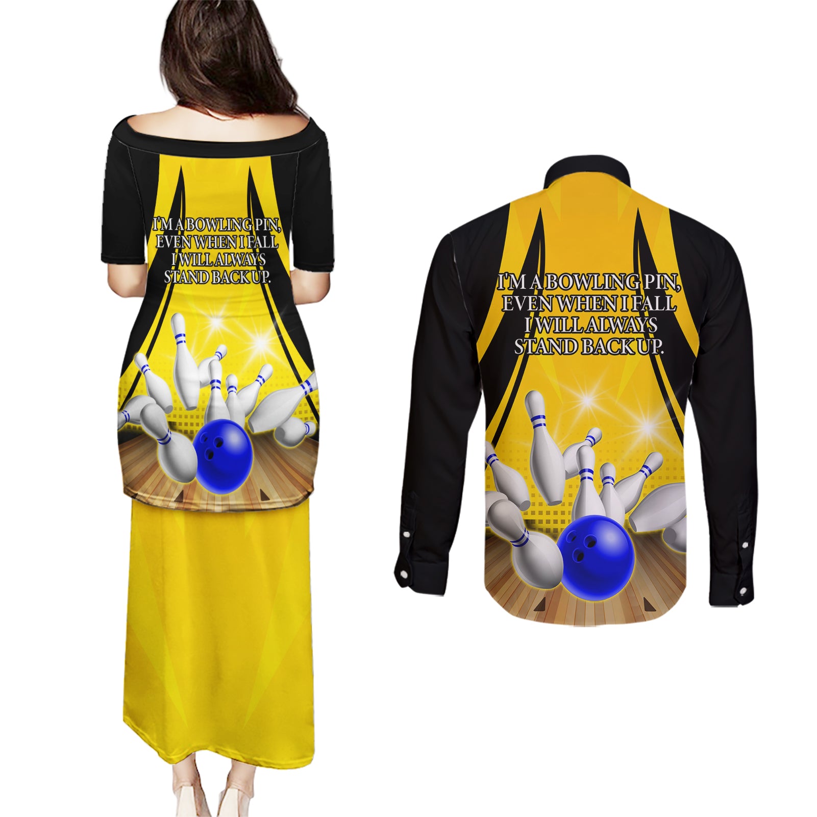 Australia Bowling Couples Matching Puletasi and Long Sleeve Button Shirt I Am A Bowling Pin Curve Style