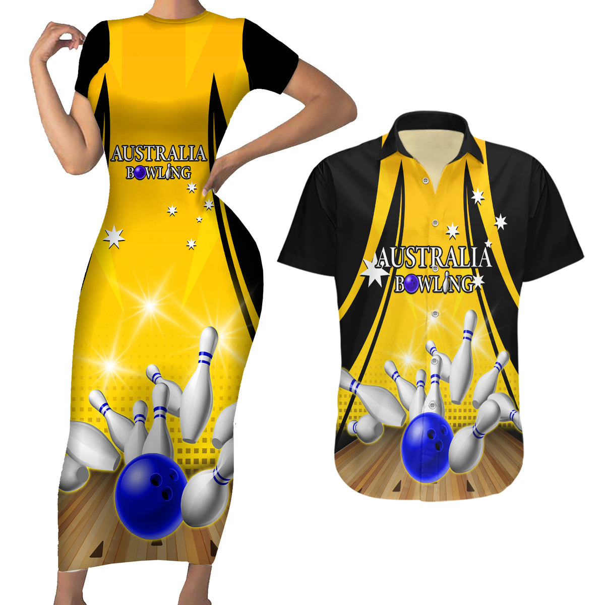 Australia Bowling Couples Matching Short Sleeve Bodycon Dress and Hawaiian Shirt I Am A Bowling Pin Curve Style