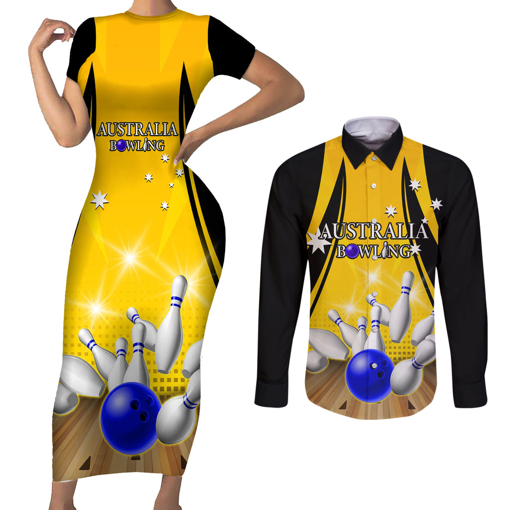 Australia Bowling Couples Matching Short Sleeve Bodycon Dress and Long Sleeve Button Shirt I Am A Bowling Pin Curve Style