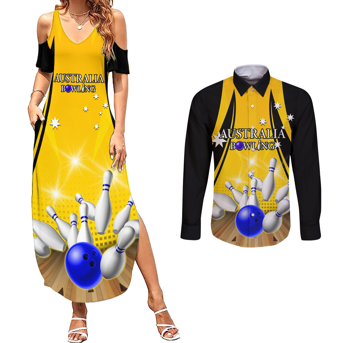 Australia Bowling Couples Matching Summer Maxi Dress and Long Sleeve Button Shirt I Am A Bowling Pin Curve Style
