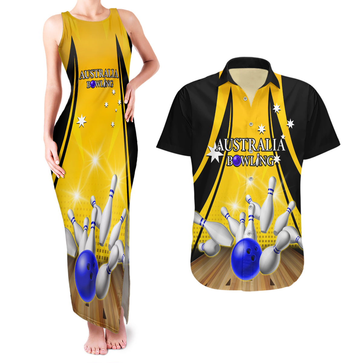 Australia Bowling Couples Matching Tank Maxi Dress and Hawaiian Shirt I Am A Bowling Pin Curve Style