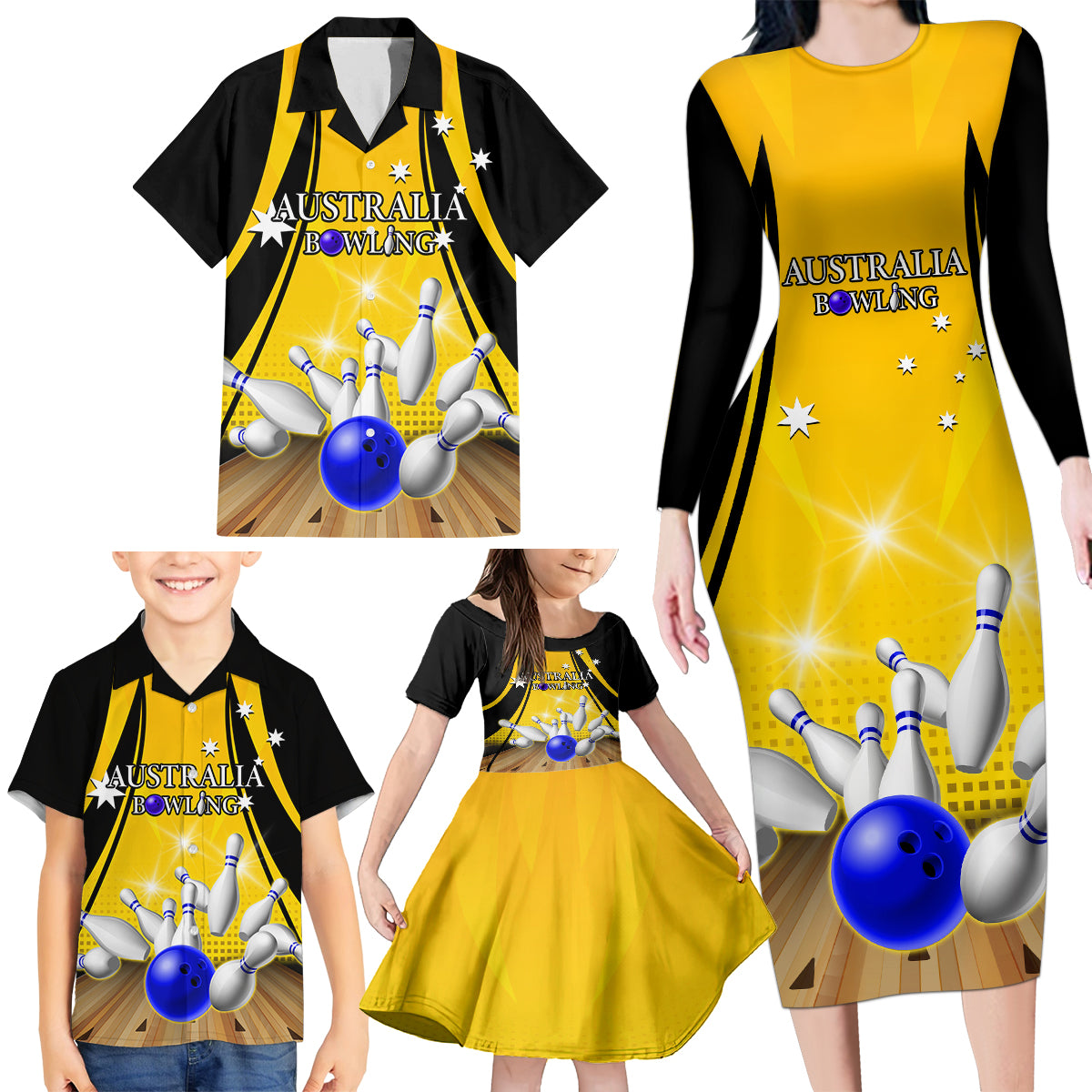 Australia Bowling Family Matching Long Sleeve Bodycon Dress and Hawaiian Shirt I Am A Bowling Pin Curve Style