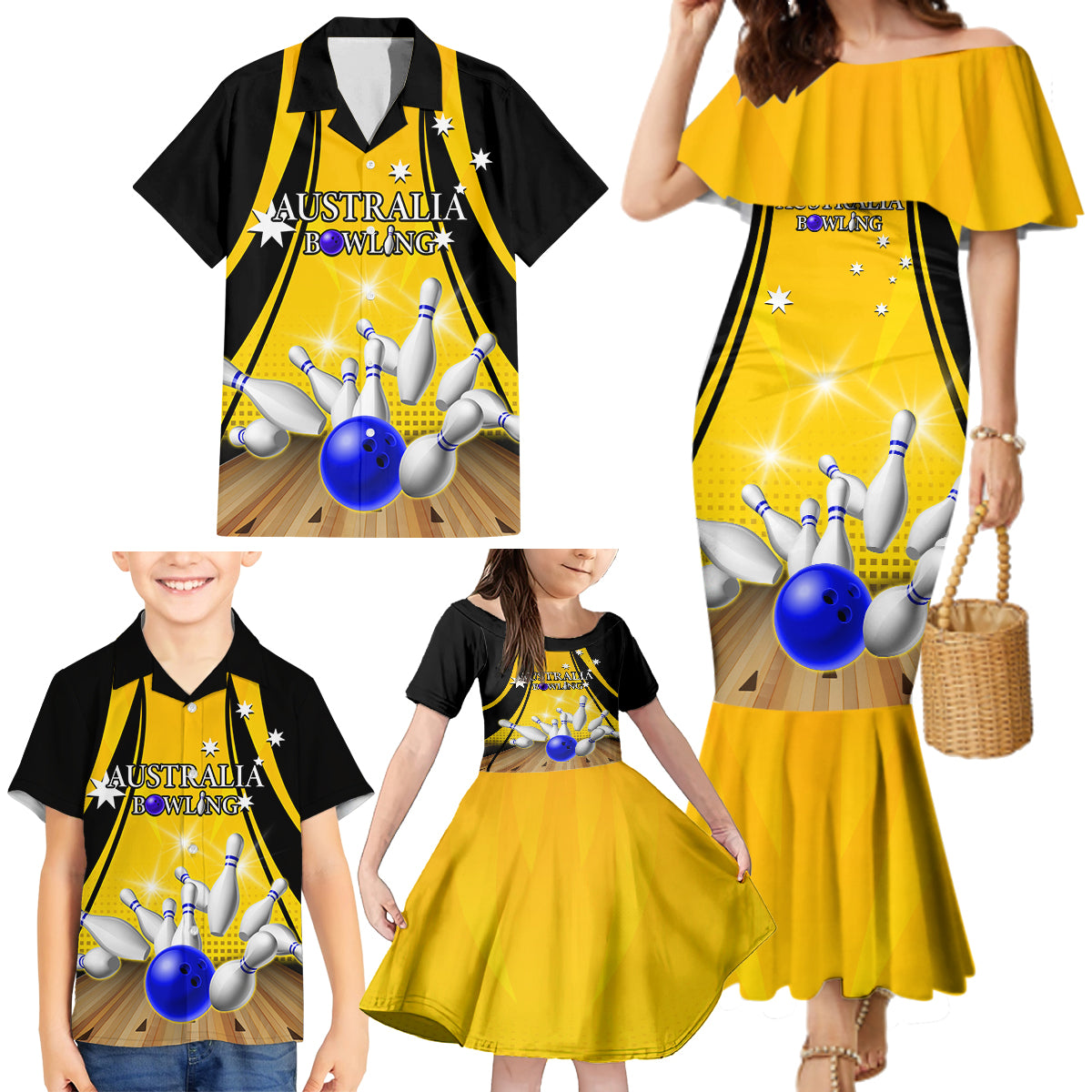 Australia Bowling Family Matching Mermaid Dress and Hawaiian Shirt I Am A Bowling Pin Curve Style