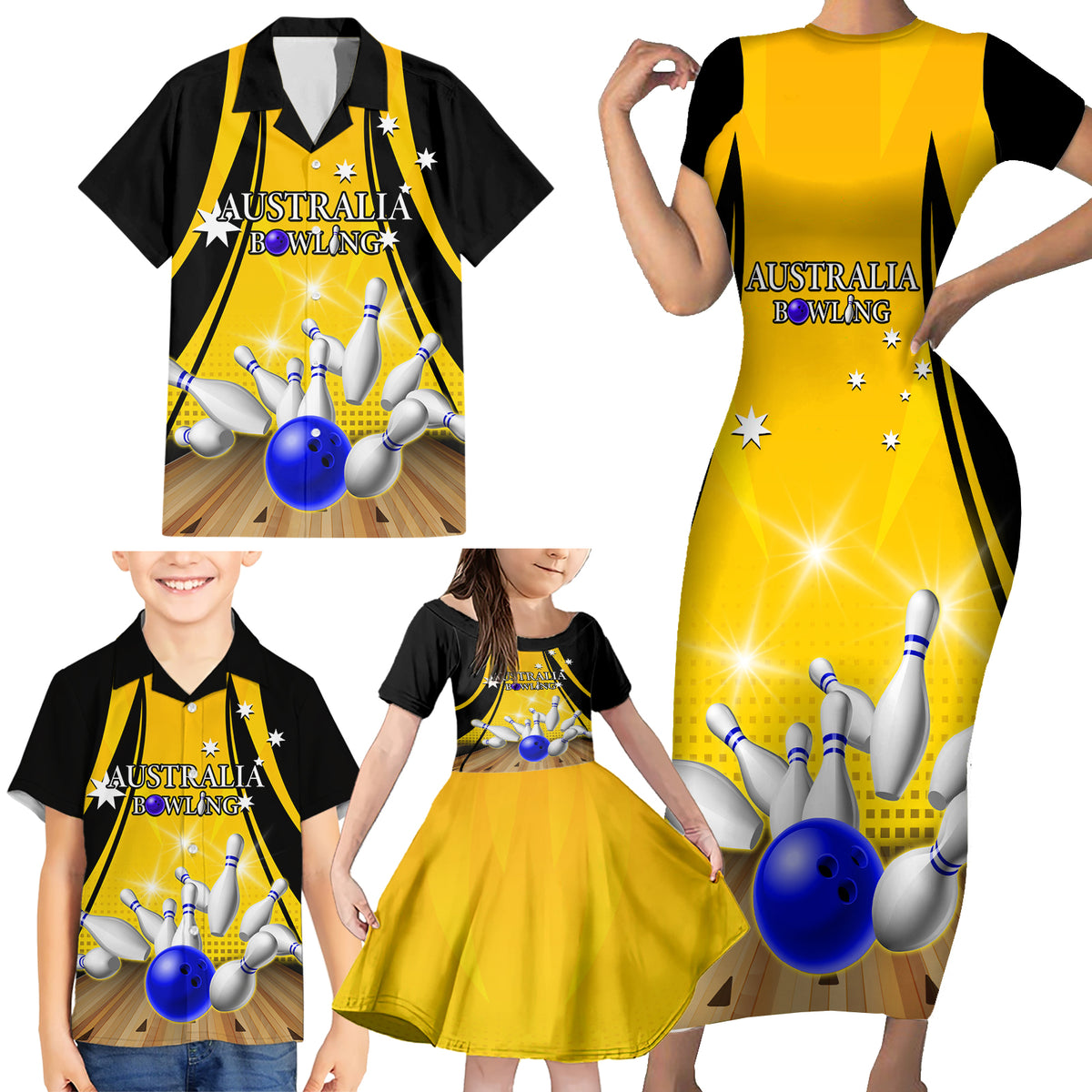 Australia Bowling Family Matching Short Sleeve Bodycon Dress and Hawaiian Shirt I Am A Bowling Pin Curve Style