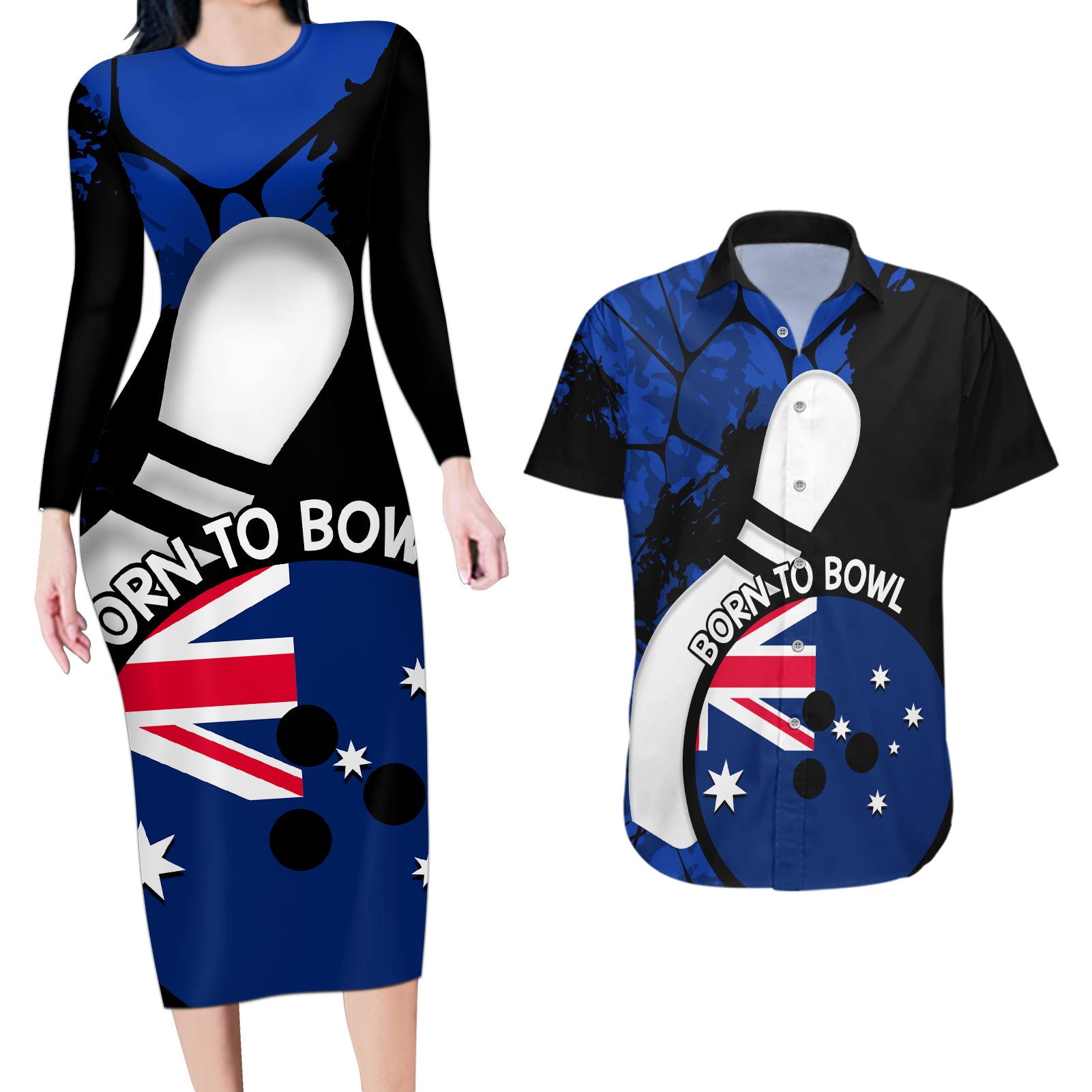 Personalised Australia Bowling Born To Bowl Couples Matching Long Sleeve Bodycon Dress and Hawaiian Shirt Grunge Style