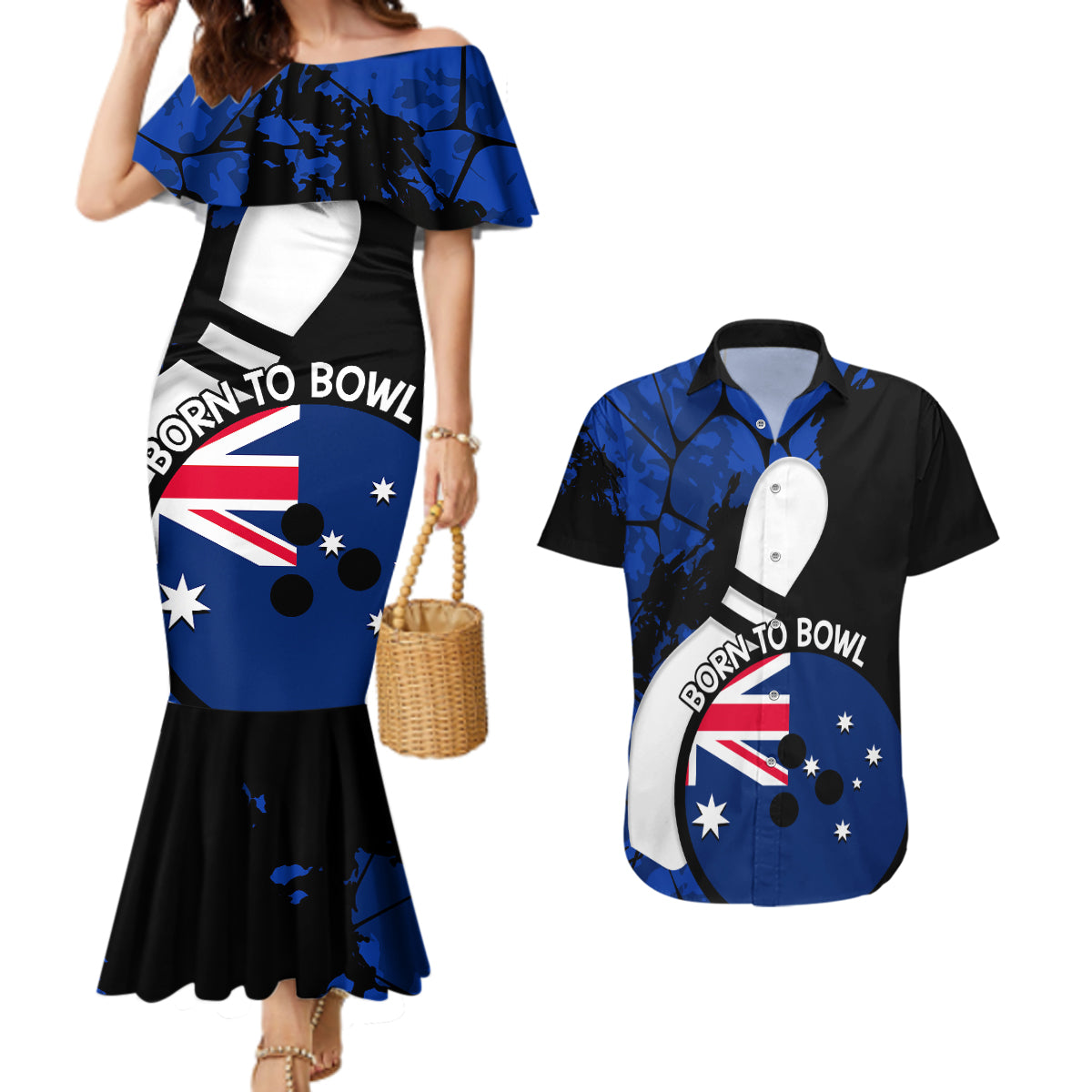Personalised Australia Bowling Born To Bowl Couples Matching Mermaid Dress and Hawaiian Shirt Grunge Style