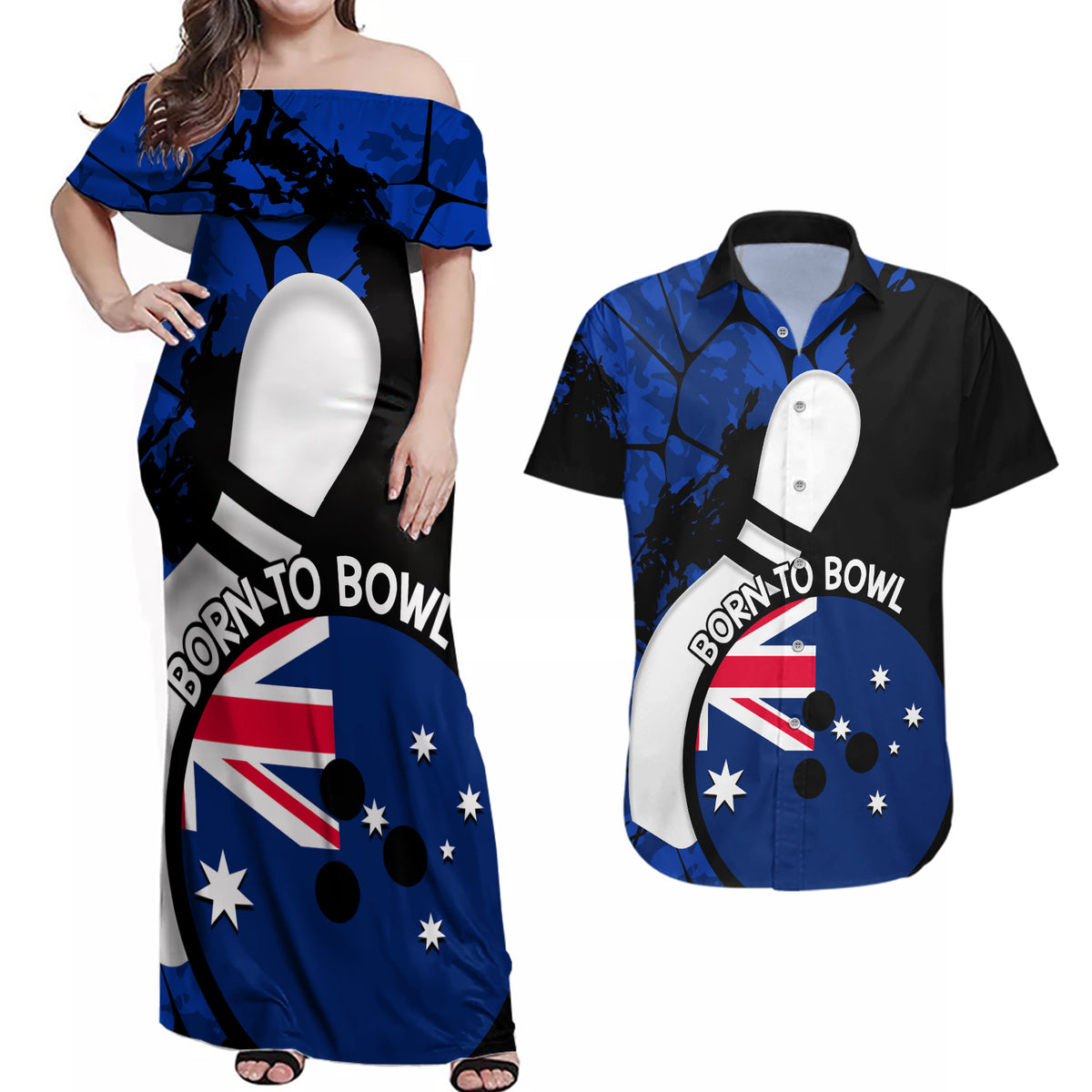 Personalised Australia Bowling Born To Bowl Couples Matching Off Shoulder Maxi Dress and Hawaiian Shirt Grunge Style