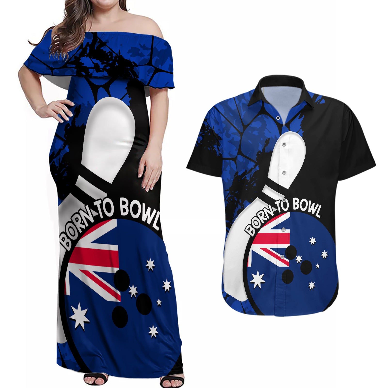 Personalised Australia Bowling Born To Bowl Couples Matching Off Shoulder Maxi Dress and Hawaiian Shirt Grunge Style