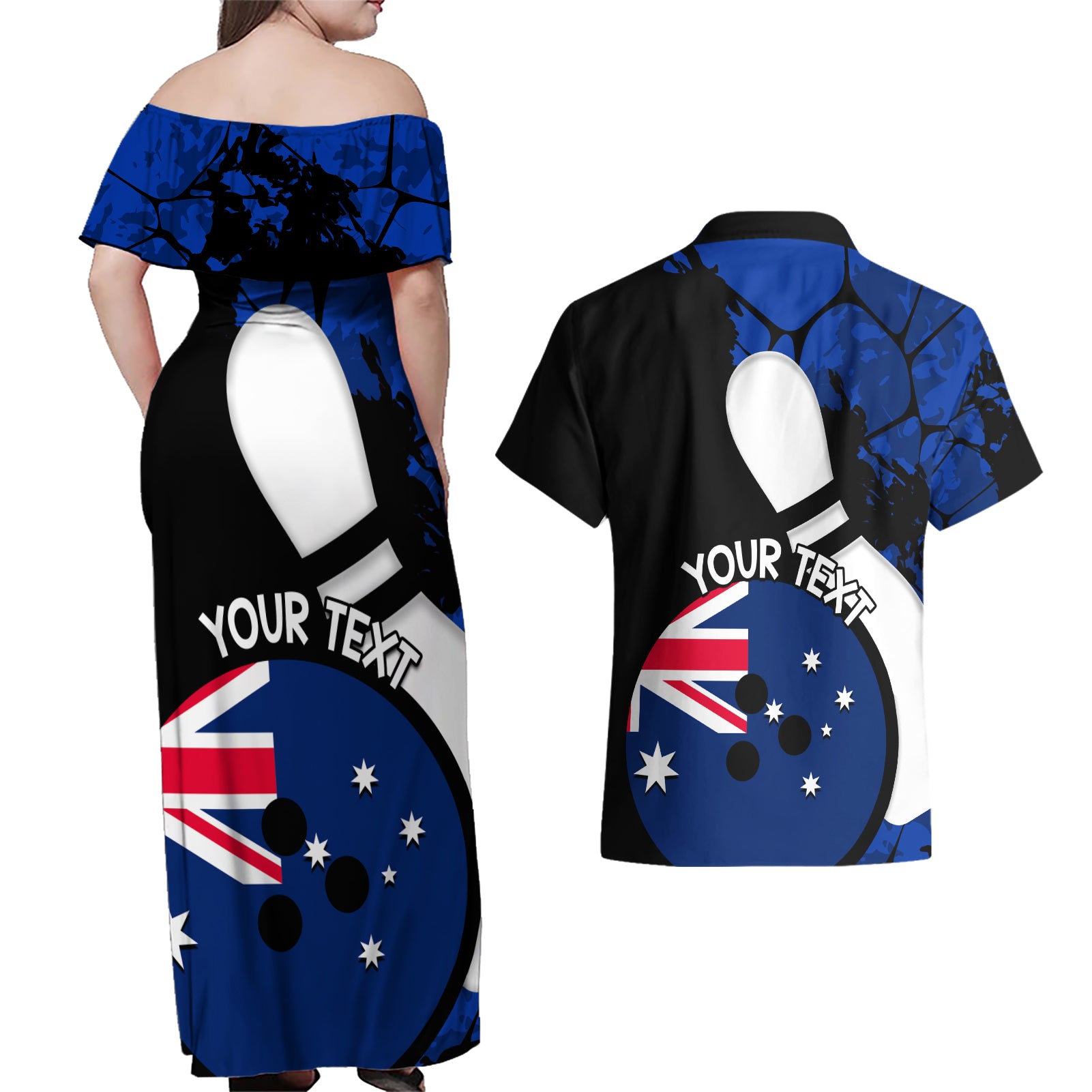 Personalised Australia Bowling Born To Bowl Couples Matching Off Shoulder Maxi Dress and Hawaiian Shirt Grunge Style