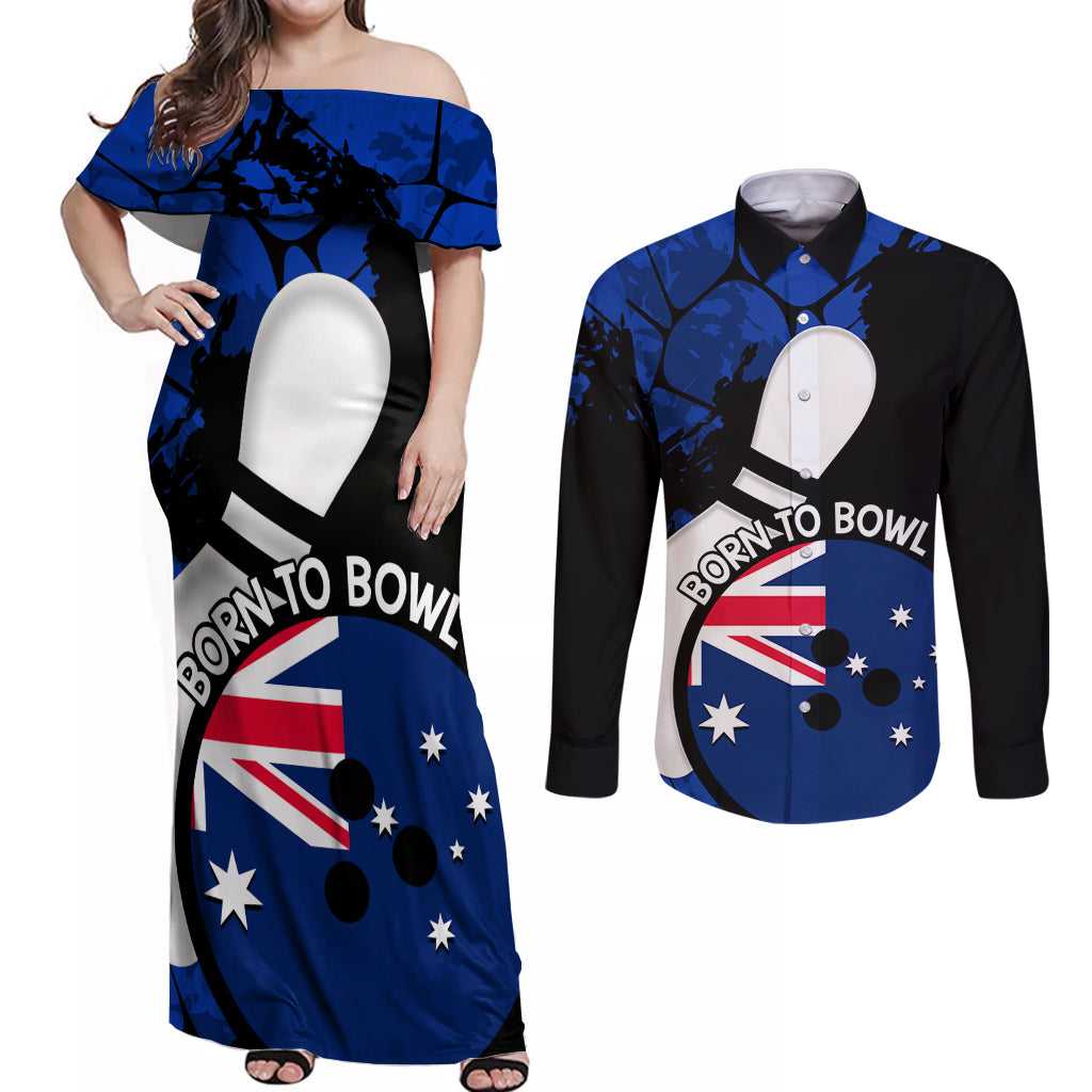 Personalised Australia Bowling Born To Bowl Couples Matching Off Shoulder Maxi Dress and Long Sleeve Button Shirt Grunge Style