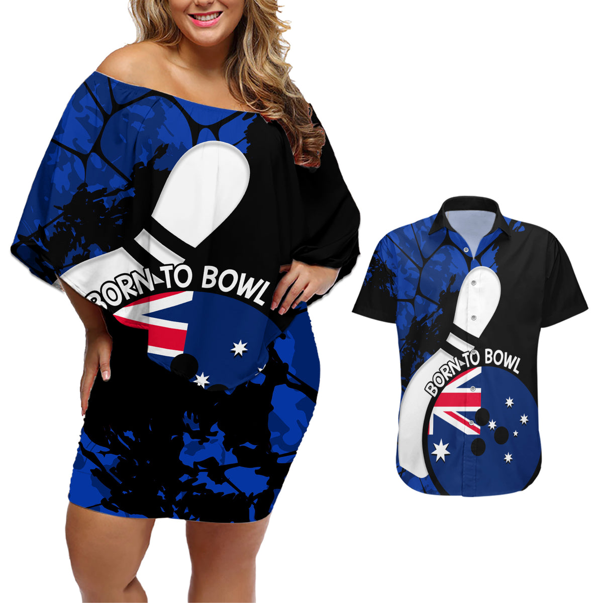 Personalised Australia Bowling Born To Bowl Couples Matching Off Shoulder Short Dress and Hawaiian Shirt Grunge Style