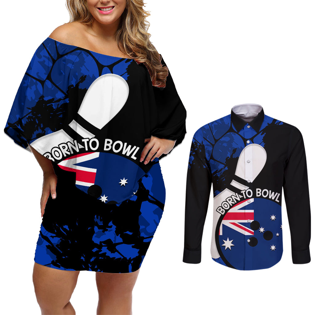 Personalised Australia Bowling Born To Bowl Couples Matching Off Shoulder Short Dress and Long Sleeve Button Shirt Grunge Style