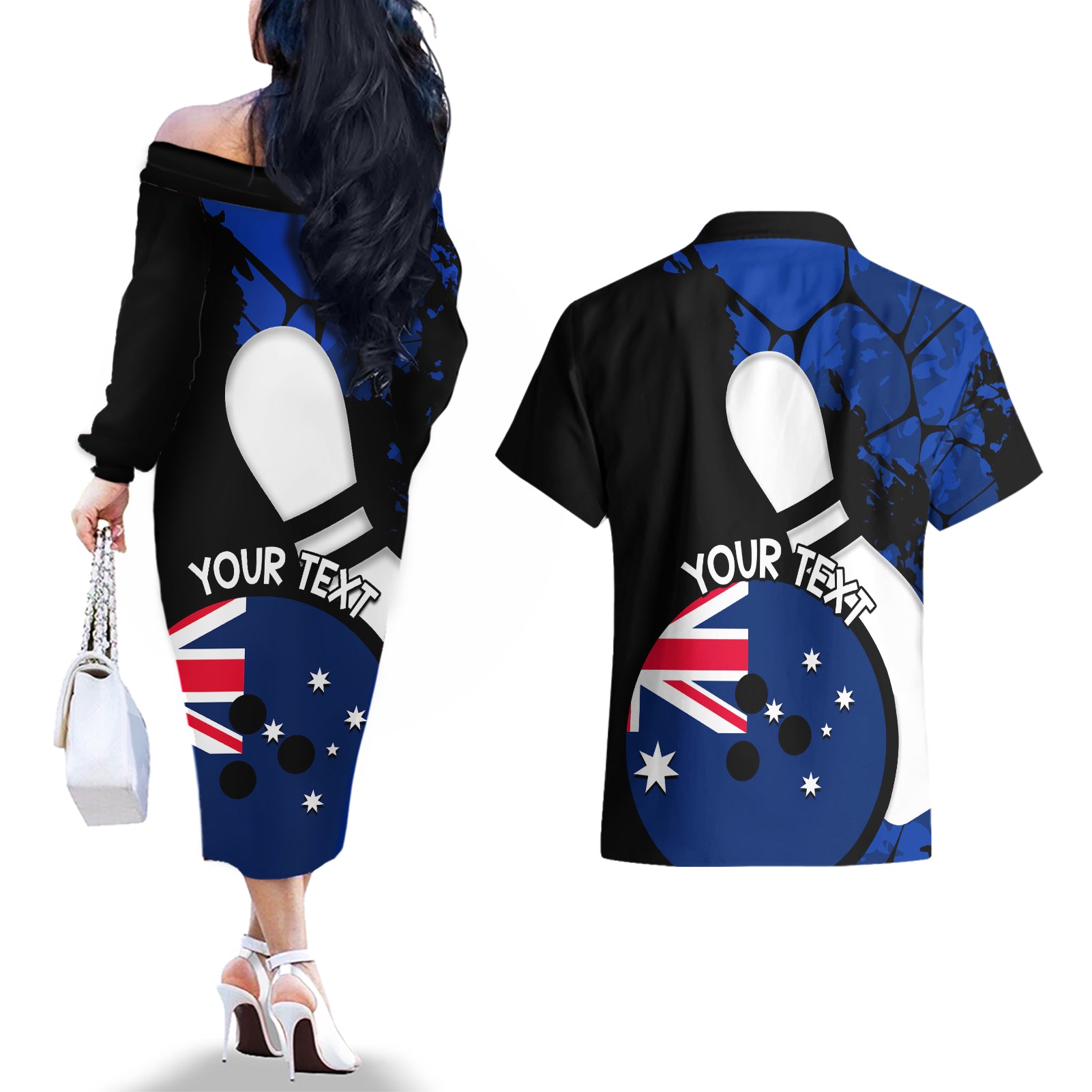 Personalised Australia Bowling Born To Bowl Couples Matching Off The Shoulder Long Sleeve Dress and Hawaiian Shirt Grunge Style