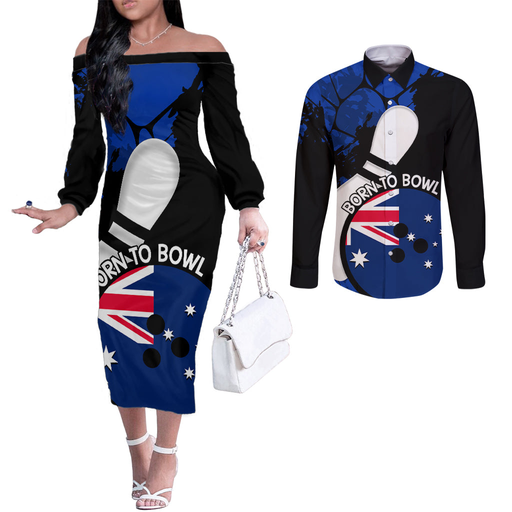 Personalised Australia Bowling Born To Bowl Couples Matching Off The Shoulder Long Sleeve Dress and Long Sleeve Button Shirt Grunge Style
