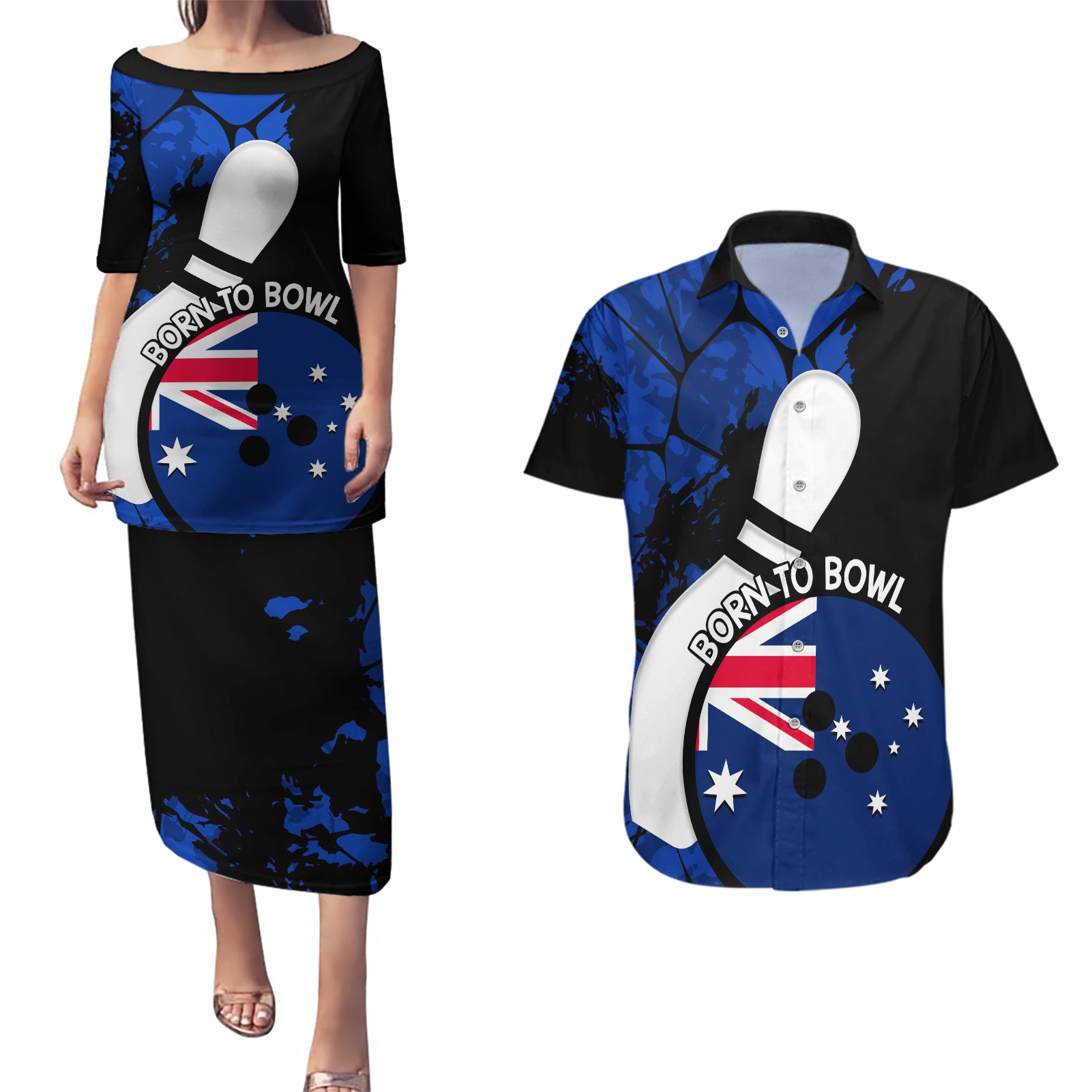 Personalised Australia Bowling Born To Bowl Couples Matching Puletasi and Hawaiian Shirt Grunge Style