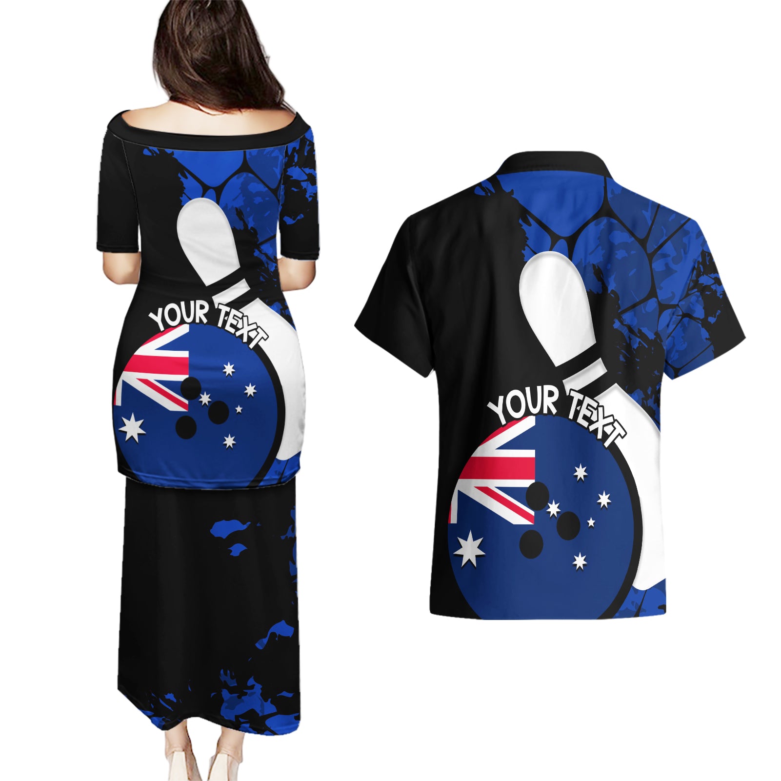 Personalised Australia Bowling Born To Bowl Couples Matching Puletasi and Hawaiian Shirt Grunge Style