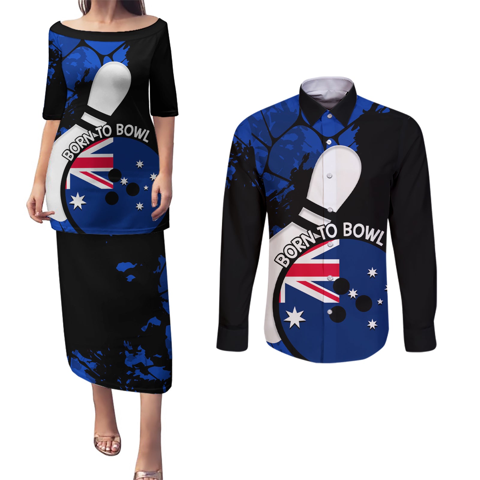 Personalised Australia Bowling Born To Bowl Couples Matching Puletasi and Long Sleeve Button Shirt Grunge Style