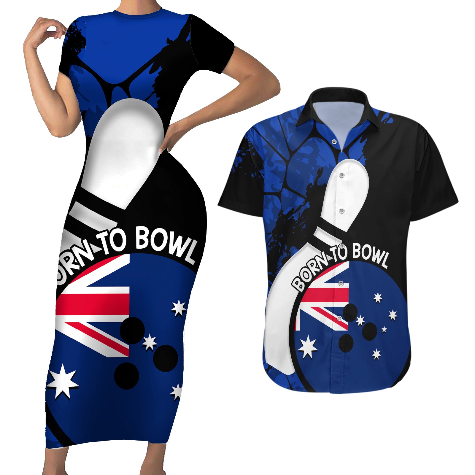 Personalised Australia Bowling Born To Bowl Couples Matching Short Sleeve Bodycon Dress and Hawaiian Shirt Grunge Style
