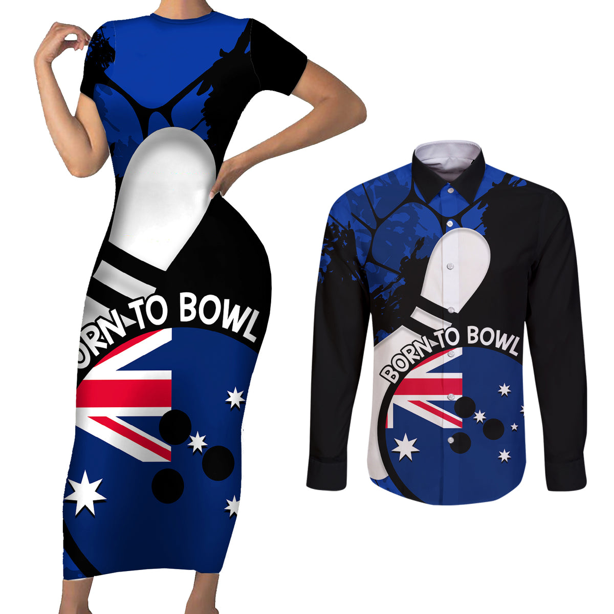 Personalised Australia Bowling Born To Bowl Couples Matching Short Sleeve Bodycon Dress and Long Sleeve Button Shirt Grunge Style