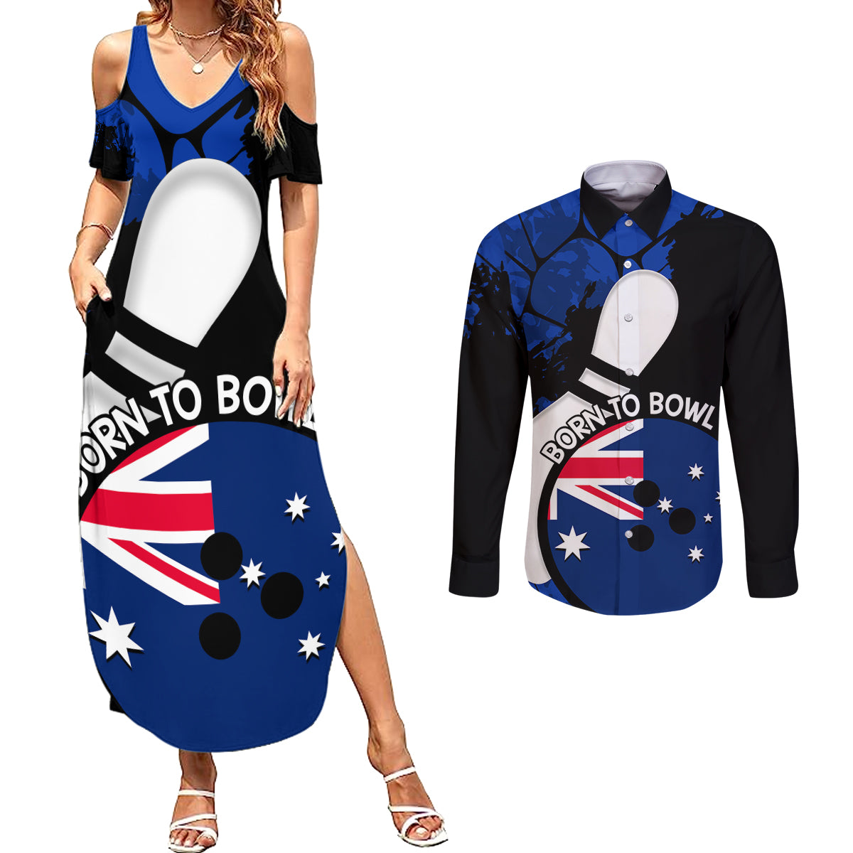 Personalised Australia Bowling Born To Bowl Couples Matching Summer Maxi Dress and Long Sleeve Button Shirt Grunge Style