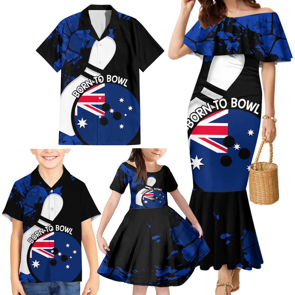Personalised Australia Bowling Born To Bowl Family Matching Mermaid Dress and Hawaiian Shirt Grunge Style