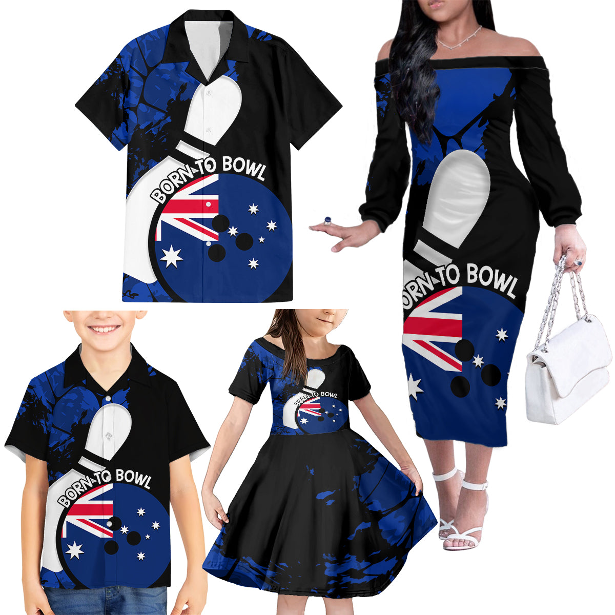Personalised Australia Bowling Born To Bowl Family Matching Off Shoulder Long Sleeve Dress and Hawaiian Shirt Grunge Style