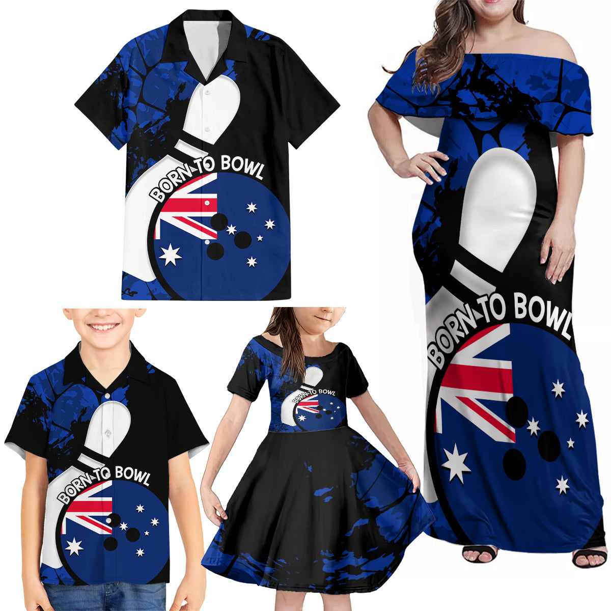 Personalised Australia Bowling Born To Bowl Family Matching Off Shoulder Maxi Dress and Hawaiian Shirt Grunge Style