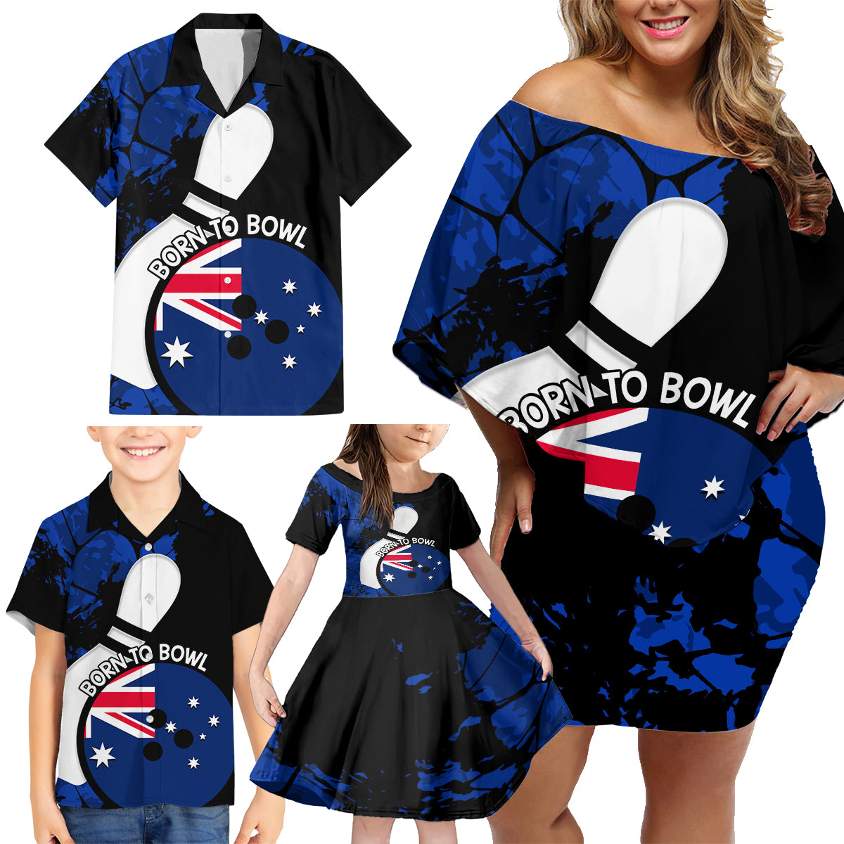 Personalised Australia Bowling Born To Bowl Family Matching Off Shoulder Short Dress and Hawaiian Shirt Grunge Style