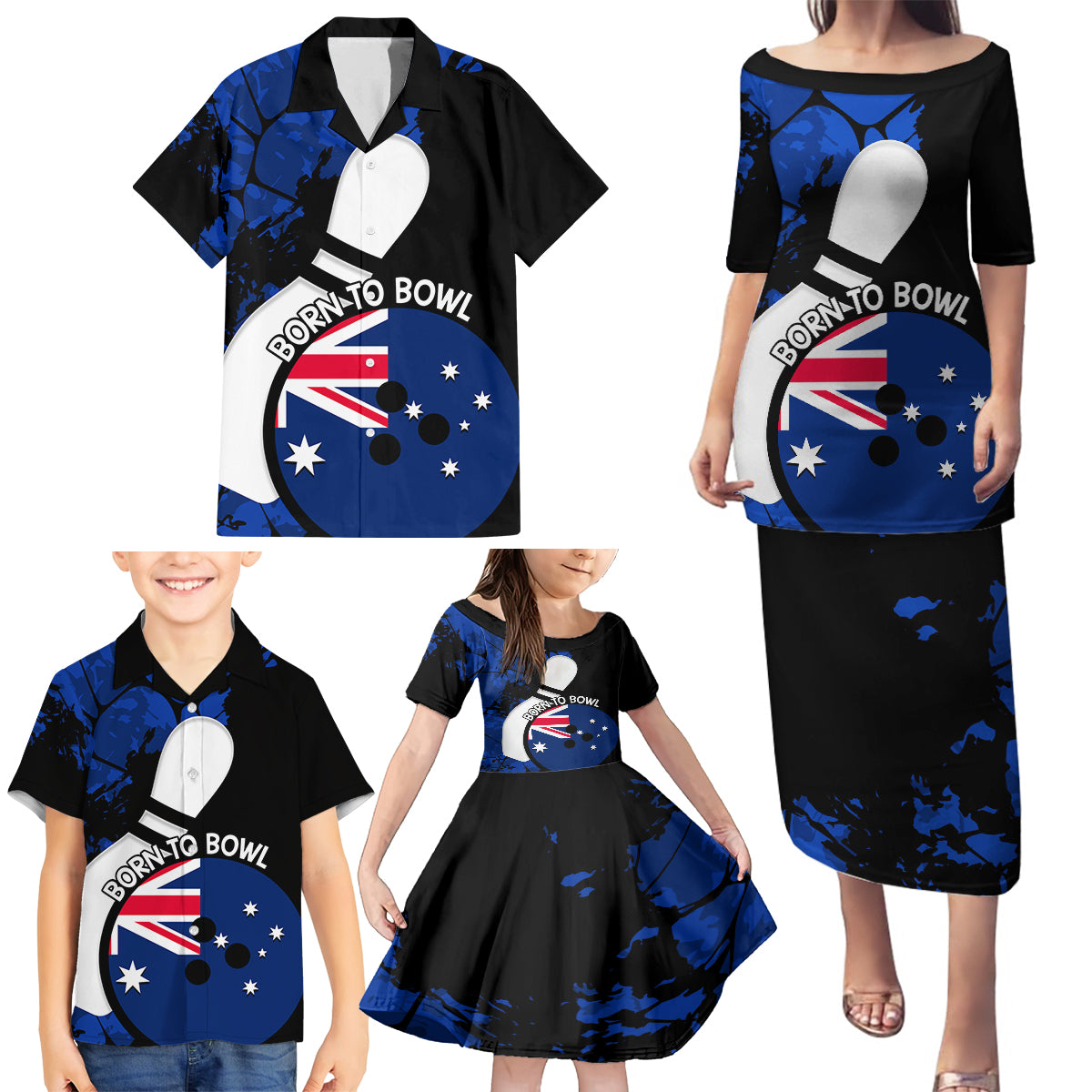 Personalised Australia Bowling Born To Bowl Family Matching Puletasi and Hawaiian Shirt Grunge Style