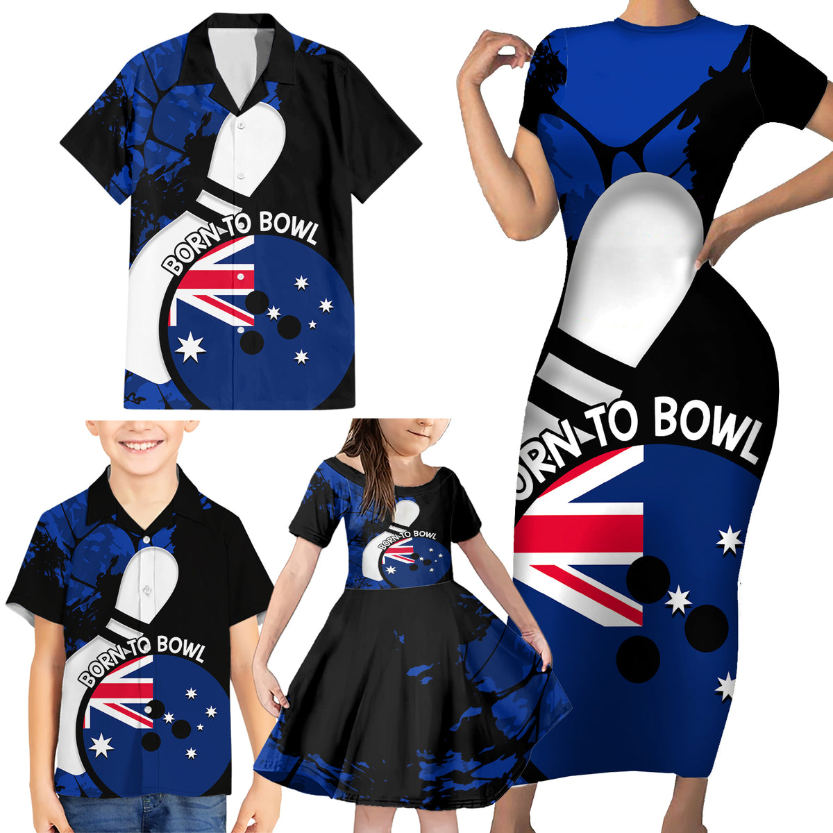 Personalised Australia Bowling Born To Bowl Family Matching Short Sleeve Bodycon Dress and Hawaiian Shirt Grunge Style