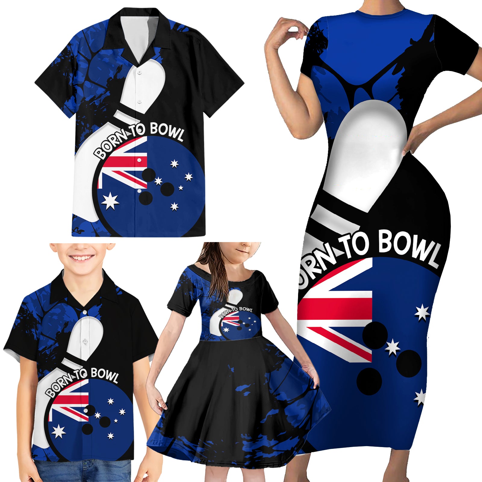 Personalised Australia Bowling Born To Bowl Family Matching Short Sleeve Bodycon Dress and Hawaiian Shirt Grunge Style