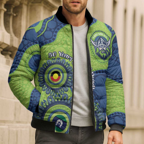 Canberra Raiders NAIDOC Week 2026 Personalised Bomber Puffer Jacket 50 Years of Deadly Aboriginal Art