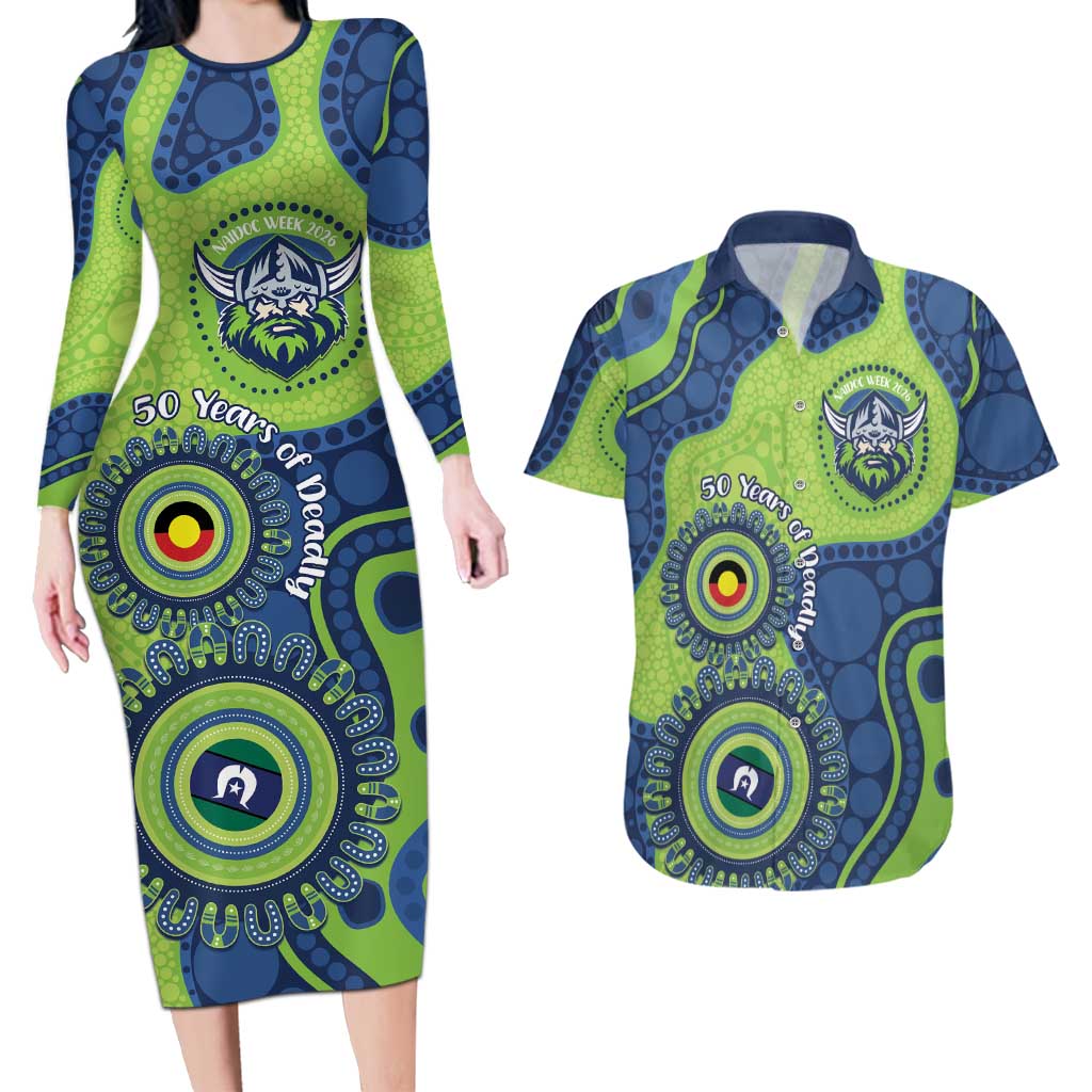 Canberra Raiders NAIDOC Week 2026 Personalised Couples Matching Long Sleeve Bodycon Dress and Hawaiian Shirt 50 Years of Deadly Aboriginal Art