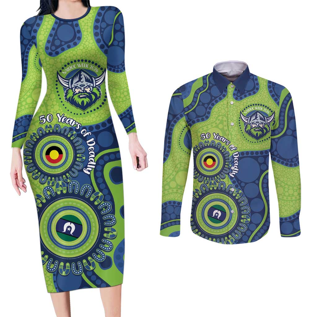 Canberra Raiders NAIDOC Week 2026 Personalised Couples Matching Long Sleeve Bodycon Dress and Long Sleeve Button Shirt 50 Years of Deadly Aboriginal Art