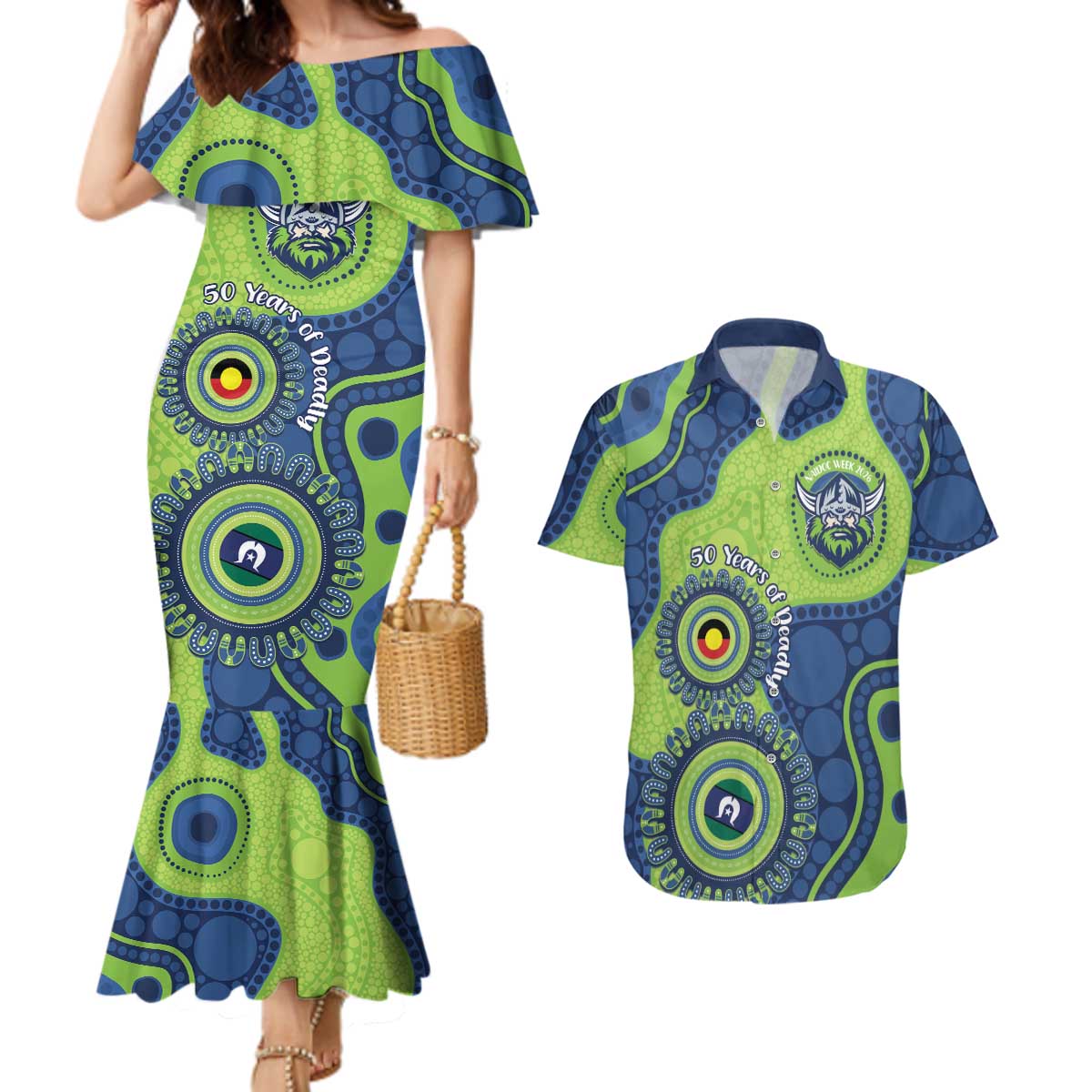 Canberra Raiders NAIDOC Week 2026 Personalised Couples Matching Mermaid Dress and Hawaiian Shirt 50 Years of Deadly Aboriginal Art