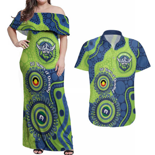 Canberra Raiders NAIDOC Week 2026 Personalised Couples Matching Off Shoulder Maxi Dress and Hawaiian Shirt 50 Years of Deadly Aboriginal Art