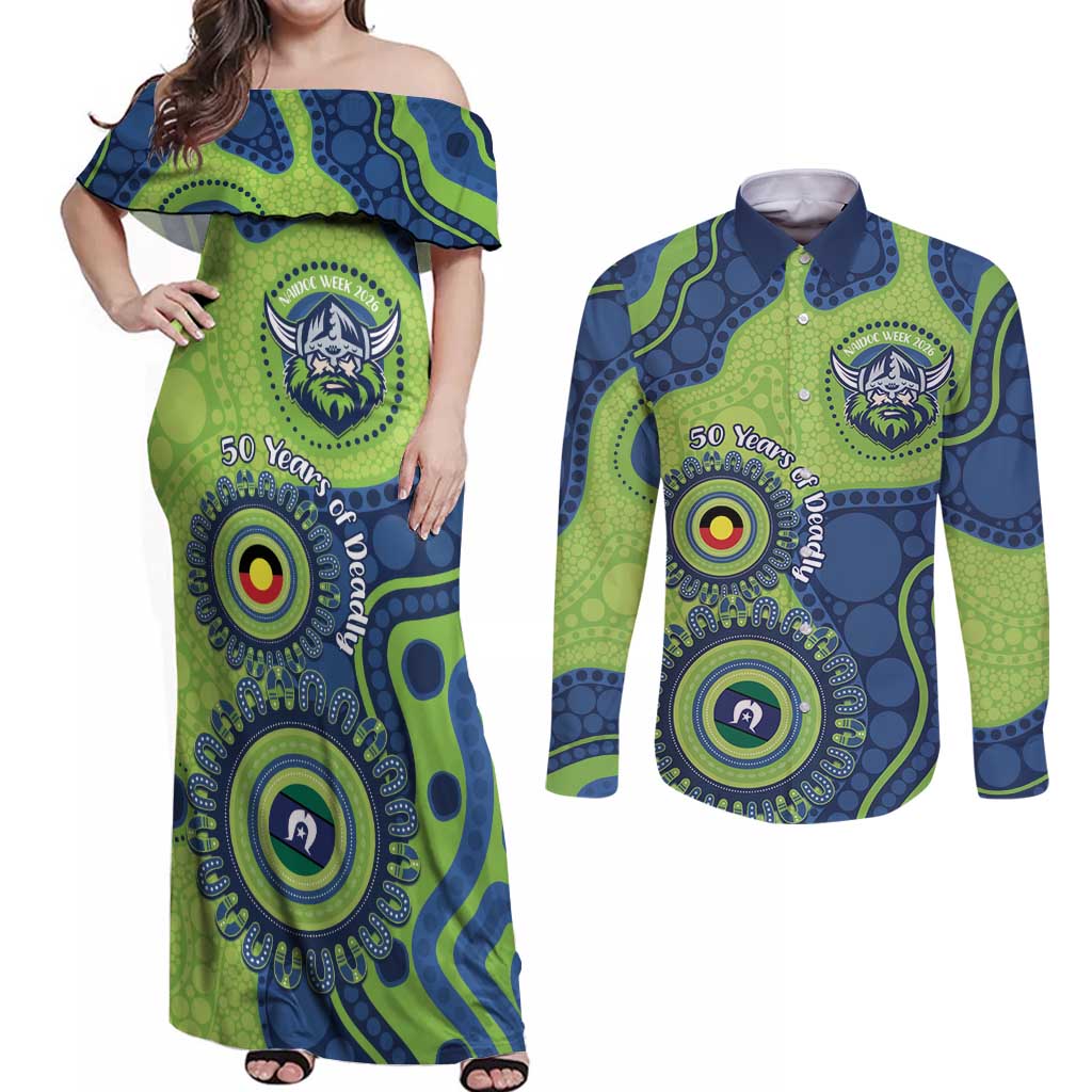 Canberra Raiders NAIDOC Week 2026 Personalised Couples Matching Off Shoulder Maxi Dress and Long Sleeve Button Shirt 50 Years of Deadly Aboriginal Art
