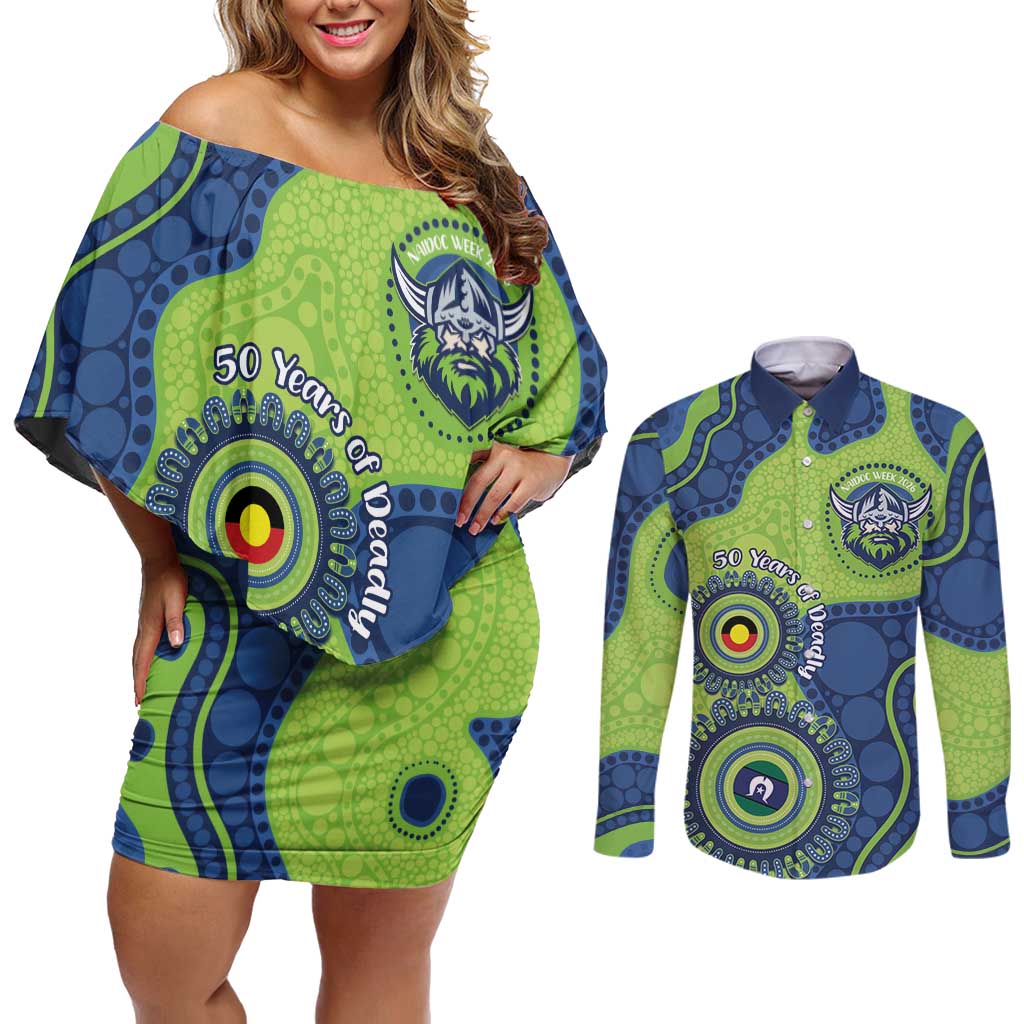 Canberra Raiders NAIDOC Week 2026 Personalised Couples Matching Off Shoulder Short Dress and Long Sleeve Button Shirt 50 Years of Deadly Aboriginal Art