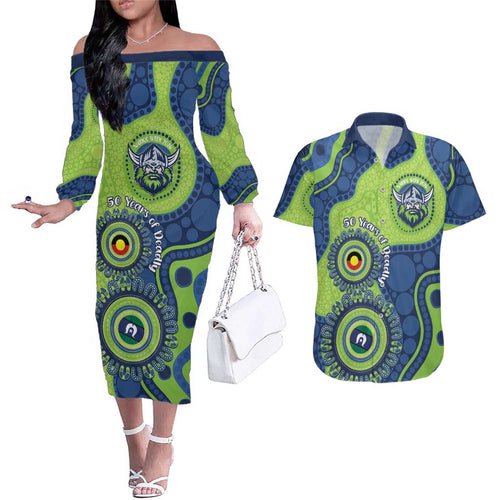 Canberra Raiders NAIDOC Week 2026 Personalised Couples Matching Off The Shoulder Long Sleeve Dress and Hawaiian Shirt 50 Years of Deadly Aboriginal Art